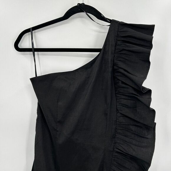 LULUS Chic State Of Mind Black Ruffled One Shoulder Taffeta Mini Dress Medium - Picture 7 of 10